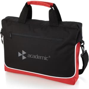 A black and red laptop bag with a zippered front pocket and a shoulder strap, featuring a logo.