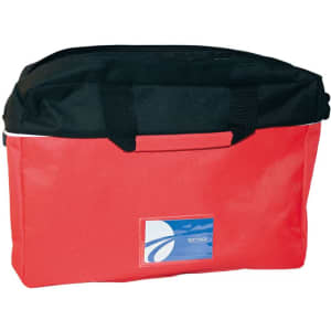 A red and black laptop bag with a reinforced base and a logo on the front.