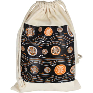 A cream drawstring bag with a black and orange abstract pattern, featuring a logo on the front.