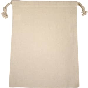 A natural-coloured cotton drawstring bag with tassel closures and a plain surface. It features a logo.