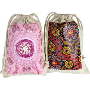 A 100% cotton drawstring bag featuring colourful Aboriginal artwork in pink and black designs. It has a logo.
