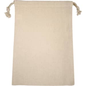 A beige 100% cotton drawstring bag with two tied cords at the top and no visible branding.