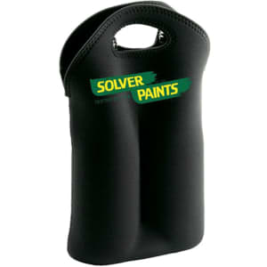 A drink bottle carrier in black, featuring a handle and a logo. Suitable for holding two bottles.