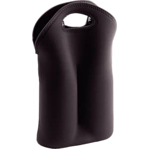 A drink bottle carrier in black neoprene, designed to hold two bottles, featuring a handle for easy transport.