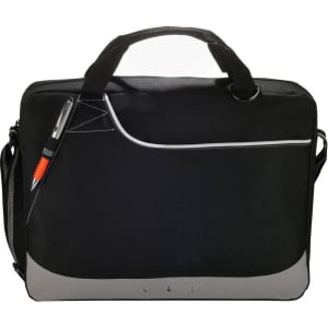 A black and grey laptop bag with a shoulder strap, featuring a pen holder and a logo.