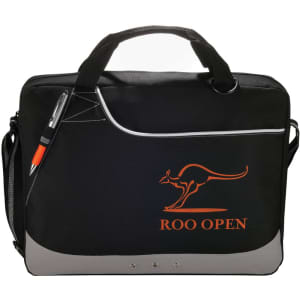 A black and grey laptop bag featuring an orange logo and a pen attached. Suitable for carrying laptops and accessories.