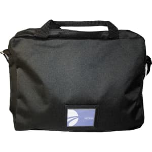 A black laptop bag featuring handles and a side mesh pocket, with a logo on the front.
