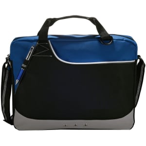 A laptop bag featuring a blue, black, and grey design with a shoulder strap and a pen attached.