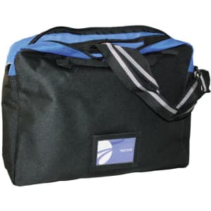 A black and blue laptop bag with a shoulder strap and a logo. Suitable for carrying various items.