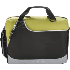 A laptop bag in black and lime green, featuring a logo, handles, and a removable shoulder strap.
