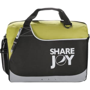 A black and lime green laptop bag featuring a logo and a pen attached to the side.