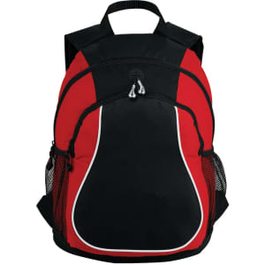 A red and black backpack with two side mesh pockets and a logo at the front.