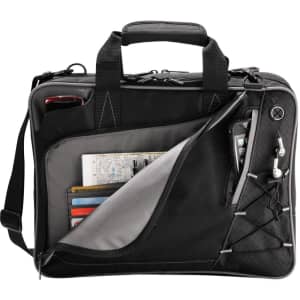 A black laptop bag with multiple compartments, including pockets for a phone and accessories. It features a logo.