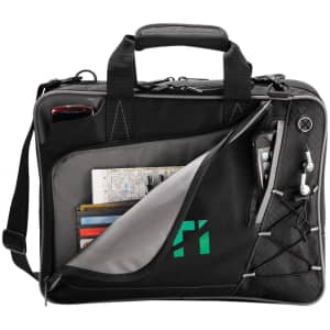 A black laptop bag with grey interior, featuring multiple pockets and a logo. It has handles and a shoulder strap.