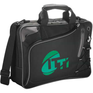 A black laptop bag with a green logo, featuring dual handles and a removable shoulder strap.