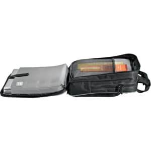 A black laptop bag with a padded compartment and mesh pocket, showcasing storage for a laptop and documents.