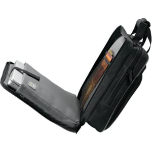 A laptop bag in black, featuring a zippered opening and inner compartments for organisation. It has a logo on the exterior.