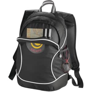 A black backpack with a mesh front pocket, featuring white accents and a logo. It has compartments for storage.