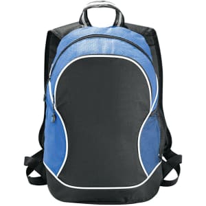 A blue and black backpack featuring a central zip pocket, mesh side pockets, and a logo.