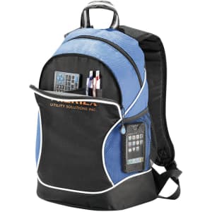 A blue and black backpack featuring multiple compartments and pockets for storage, including a front pocket with pens and a calculator.