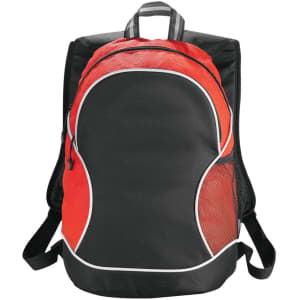 A black and red backpack with mesh side pockets and adjustable straps, featuring a logo on the front.