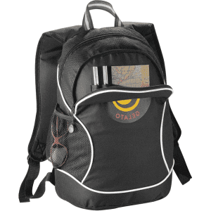 A black backpack featuring a front pocket with pens and a map, and a side mesh pocket. It has a logo.