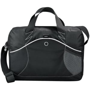 A black laptop bag with mesh detailing, featuring handles and a shoulder strap, plus a logo.
