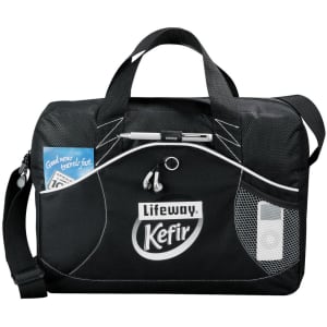 A black laptop bag featuring a mesh pocket, shoulder strap, and branding.
