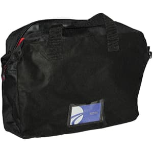 A black laptop bag with a handle and a transparent pocket on the front, featuring a logo.