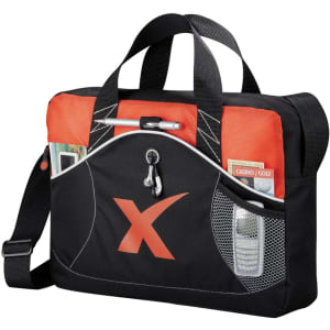 A black and orange laptop bag featuring multiple pockets, a logo, and dual handles.