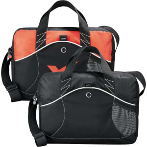 A laptop bag with a black and orange design, featuring two handles and a detachable shoulder strap. It has branding on the front.