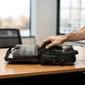 A black laptop bag with various compartments, open to reveal an organiser and space for accessories.