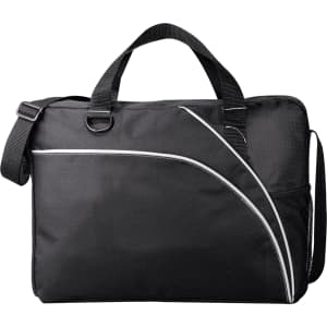 A black conference bag with a sleek design, featuring adjustable straps and a mesh pocket. It has a logo on the front.