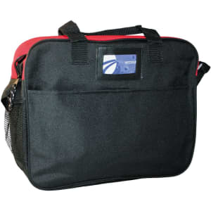 A black and red business briefcase with a mesh pocket and a logo on the front. Suitable for laptops.