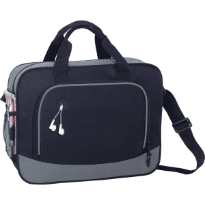 A black and grey laptop briefcase featuring handles, a shoulder strap, and a side pocket with earphones.
