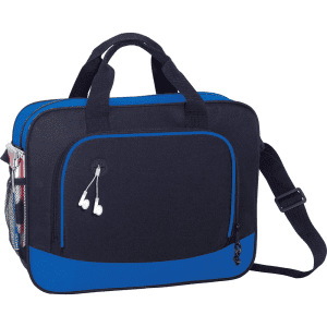 A black and blue laptop briefcase with a shoulder strap, featuring a side pocket and earphone holder, includes a logo.