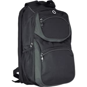 A black and grey backpack featuring multiple zippered pockets and a mesh side pocket, with branding visible.