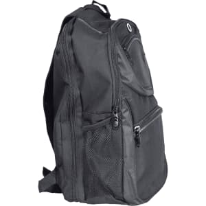 A black backpack with multiple compartments and side mesh pockets, featuring a logo on the front.
