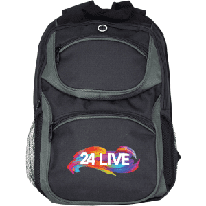 A black and grey backpack featuring multiple zippered compartments and a mesh side pocket. It has a logo on the front.