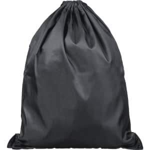 A black drawstring bag featuring a gathered top and a simple design. It has a logo displayed on the front.