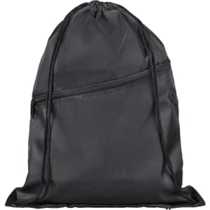 A black drawstring bag with a zippered front pocket and a logo. Made of smooth fabric.