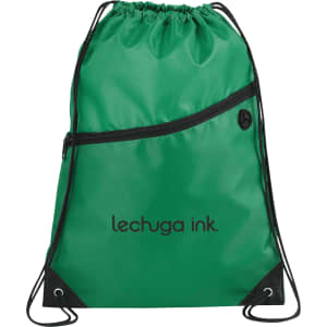 A green drawstring bag with a black zipper pocket and a logo. It features black straps for easy carrying.