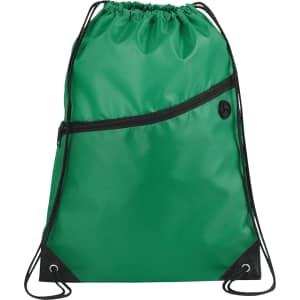 A green drawstring bag with a black zippered pocket and drawcord straps, featuring a logo on the front.