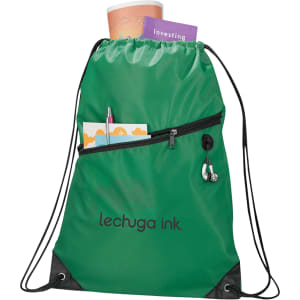 A green drawstring bag featuring a zippered pocket, with a drink bottle and documents partially visible. It has a logo.