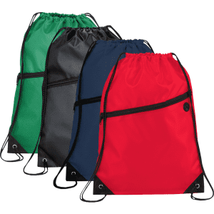 A set of four Robin drawstring bags in green, black, navy, and red, each featuring a front zip pocket and branding.