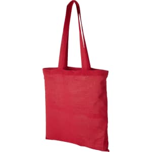 A red cotton canvas tote bag with long handles and a simple design, featuring a logo.
