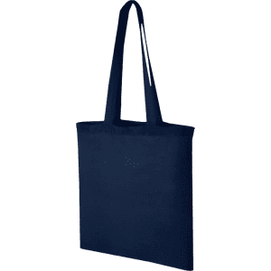 A navy blue canvas tote bag with two long handles and a spacious open design. It features a logo on one side.