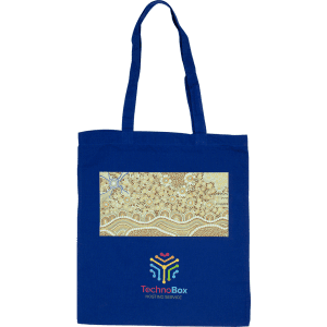 A blue tote bag featuring a patterned fabric panel and a logo at the bottom. The bag has two sturdy handles.