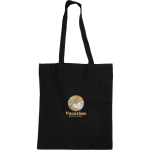 A black canvas tote bag with long handles and a logo featuring palm trees and the word "Vacation".
