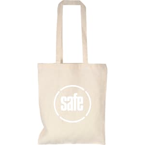 A cream-coloured tote bag featuring long handles and a logo on the front.